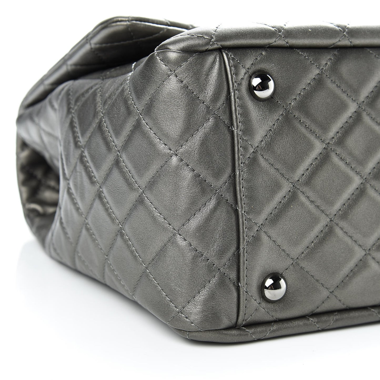 Metallic Calfskin Quilted XXL Travel Flap Bag Dark Silver