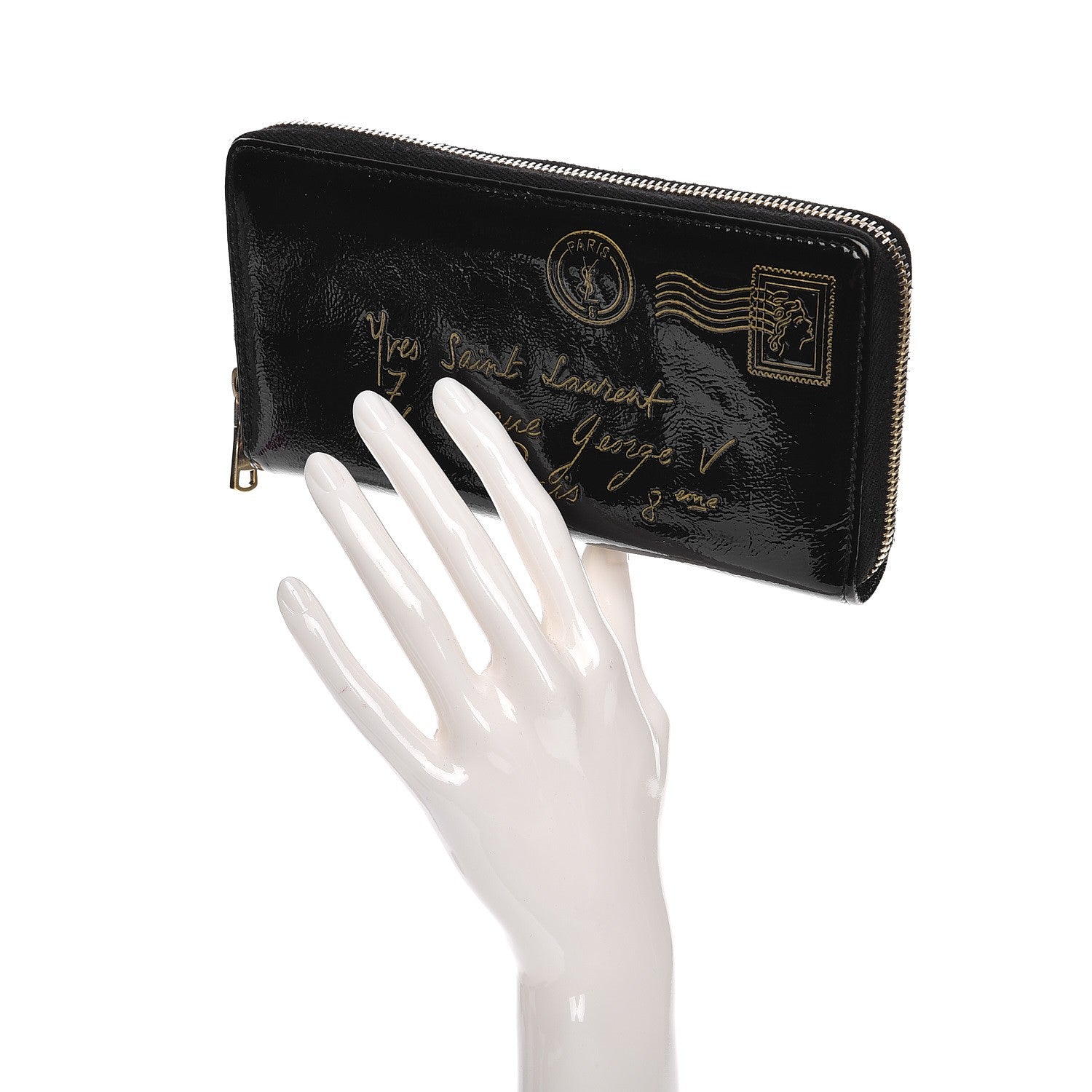 Saint Laurent Patent Y-Mail Zip Around Wallet Black 2 of 10