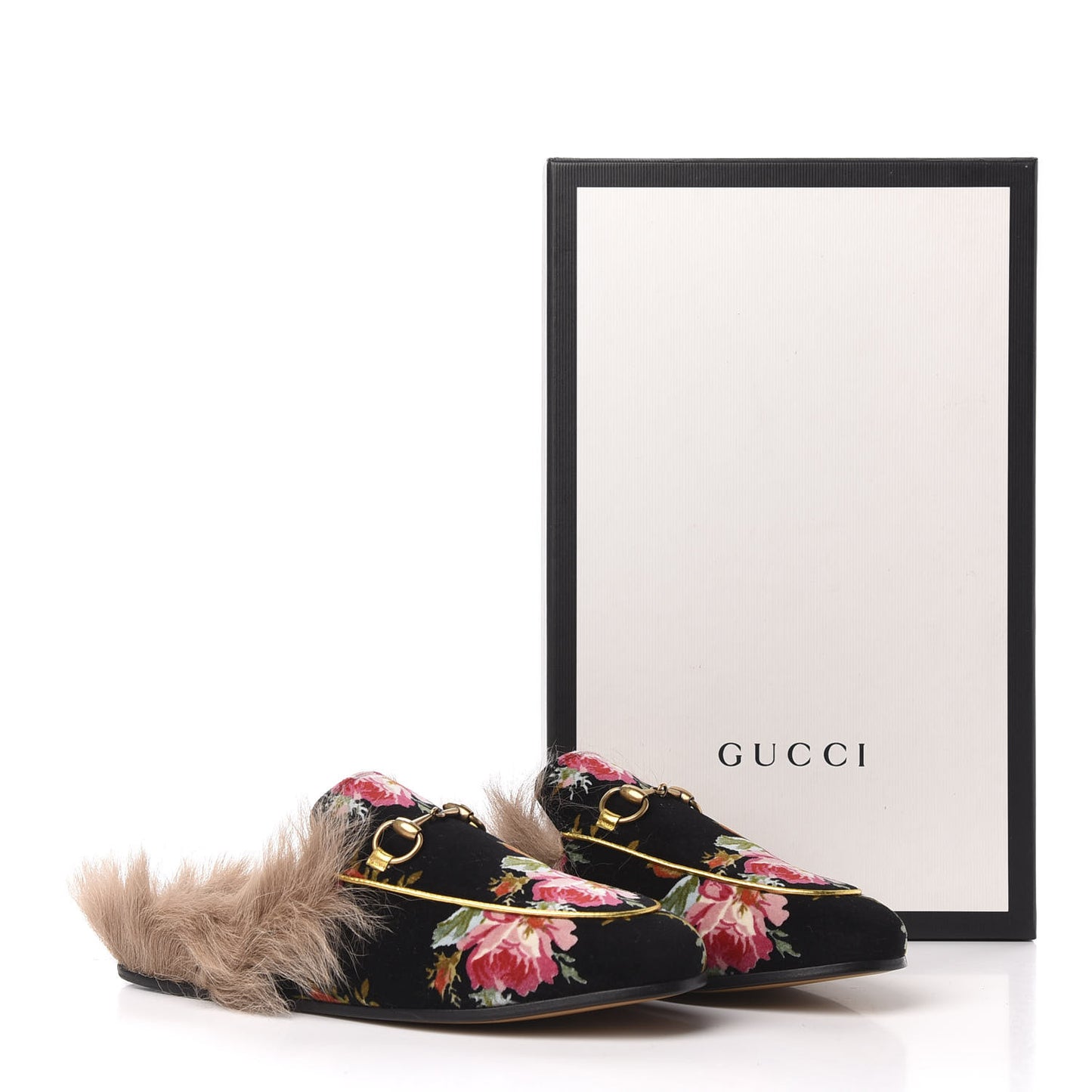 Velvet Fur Floral Princetown Slippers 36.5 Black