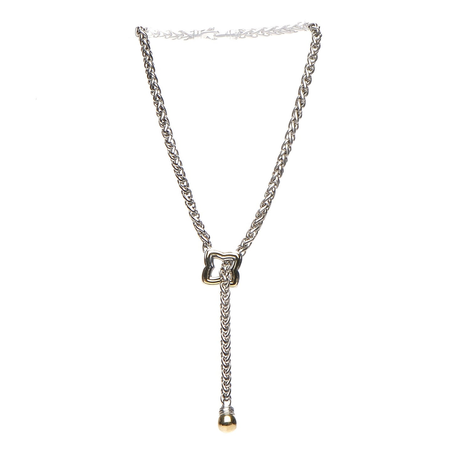 Sterling Silver 18K Yellow Gold Quatrefoil Lariat Wheat Chain Necklace