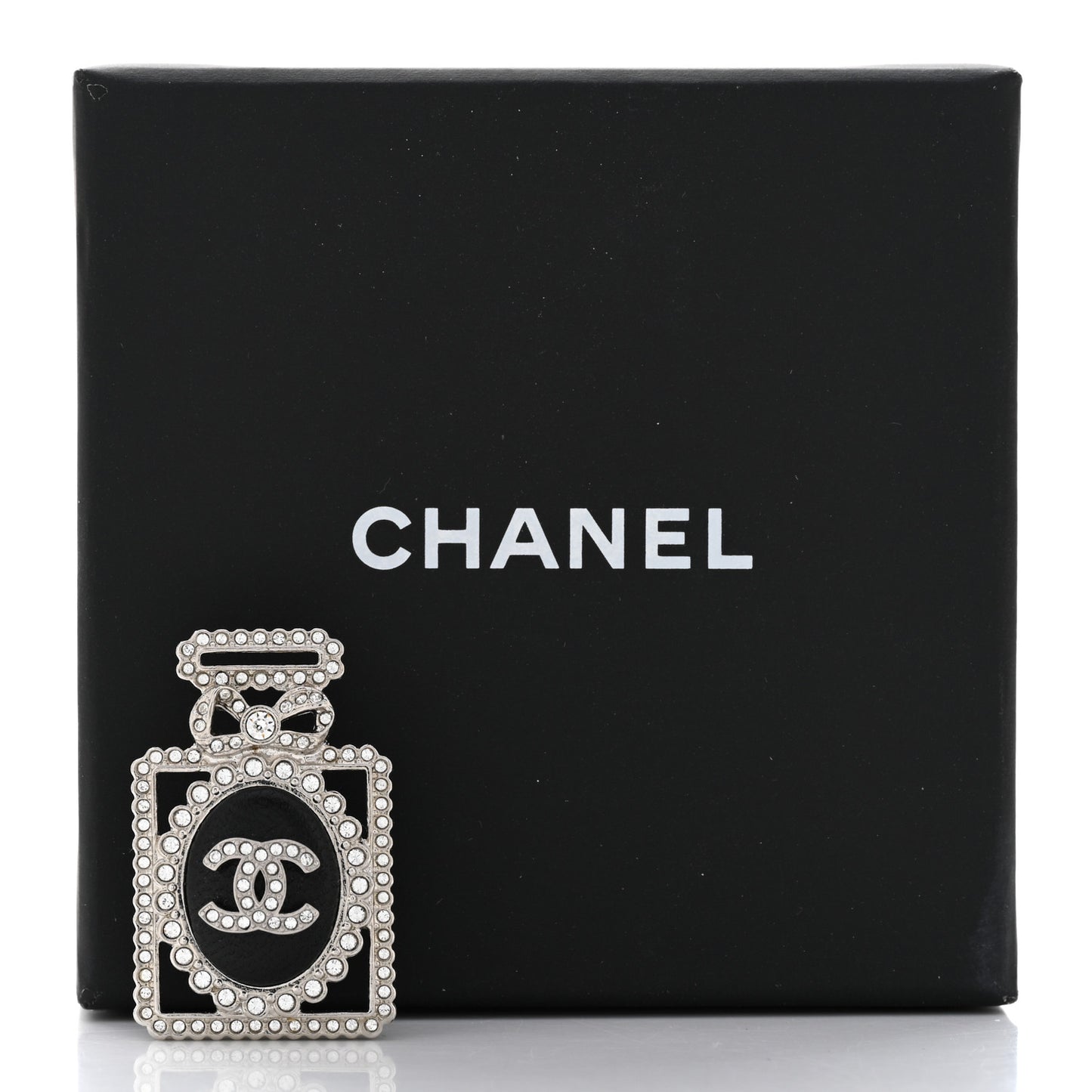 Crystal CC Perfume Bottle Brooch Black Silver
