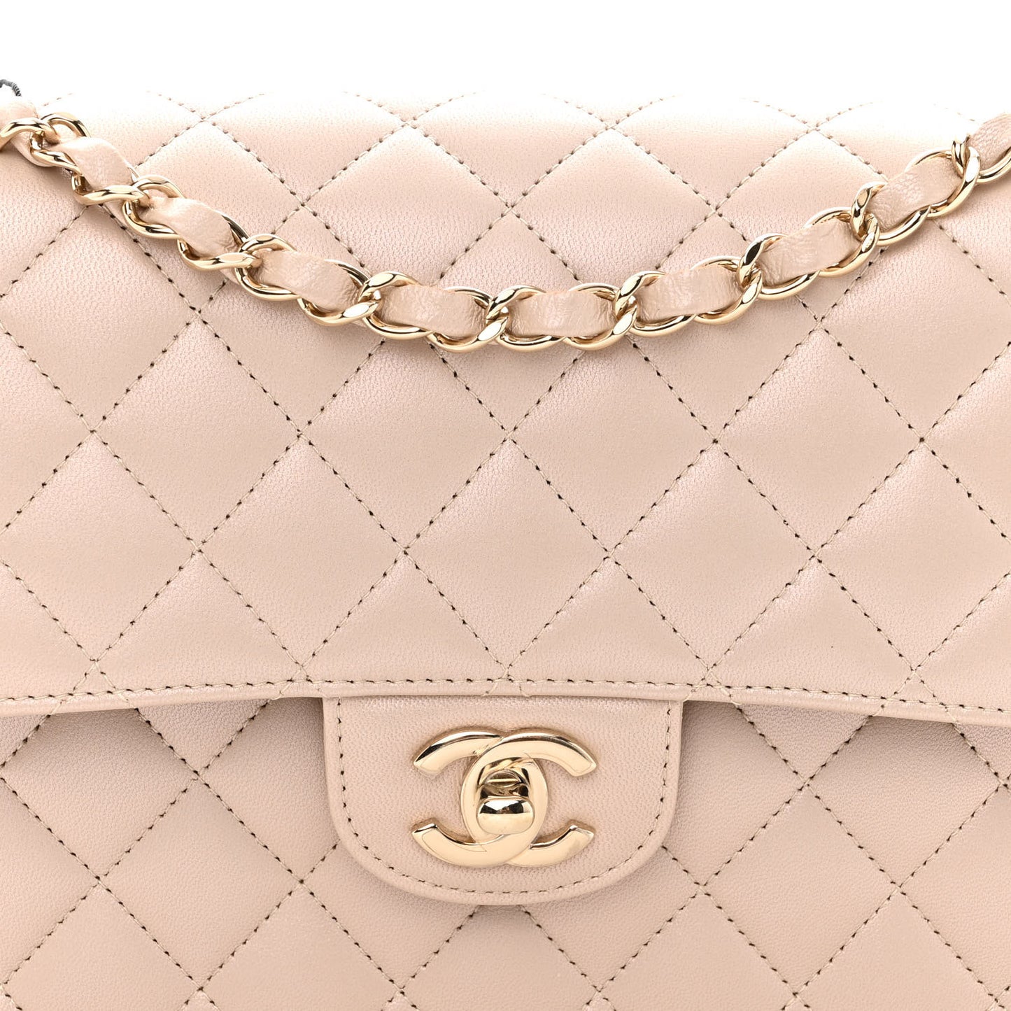 Iridescent Lambskin Quilted Medium Double Flap Light Beige
