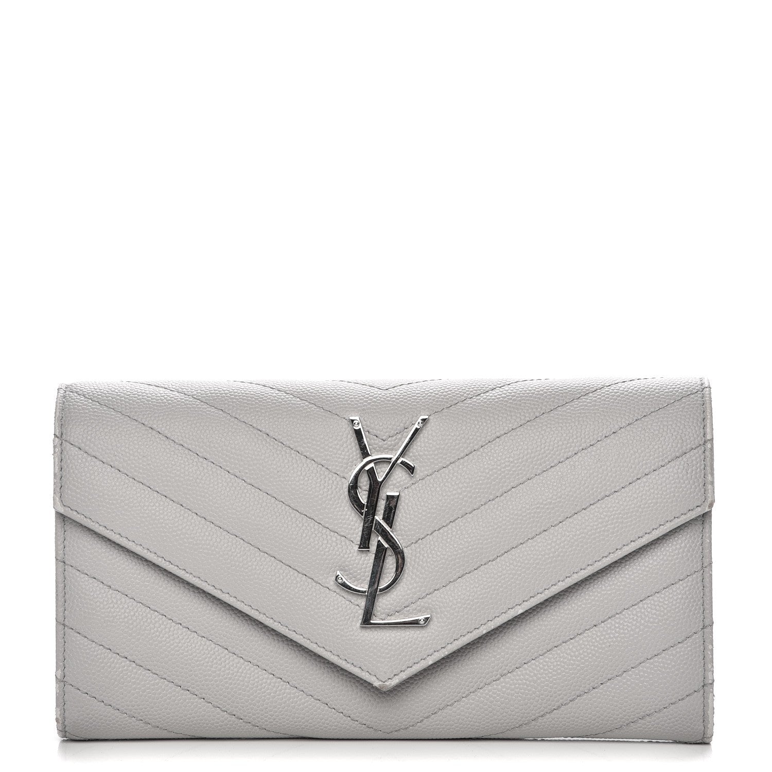 Saint Laurent Grain De Poudre Matelasse Chevron Monogram Flap Wallet Light Grey 1 of 13