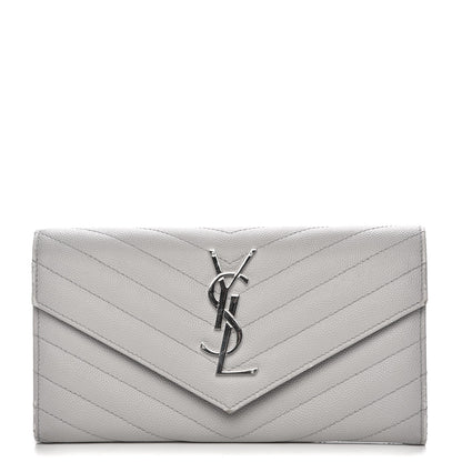 Saint Laurent Grain De Poudre Matelasse Chevron Monogram Flap Wallet Light Grey 1 of 13