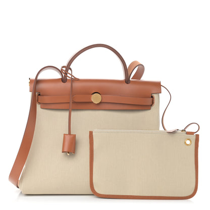 Hermes Military Toile Vache Hunter Toile Herbag Zip Retourne 31 PM Beton Fauve 1 of 12