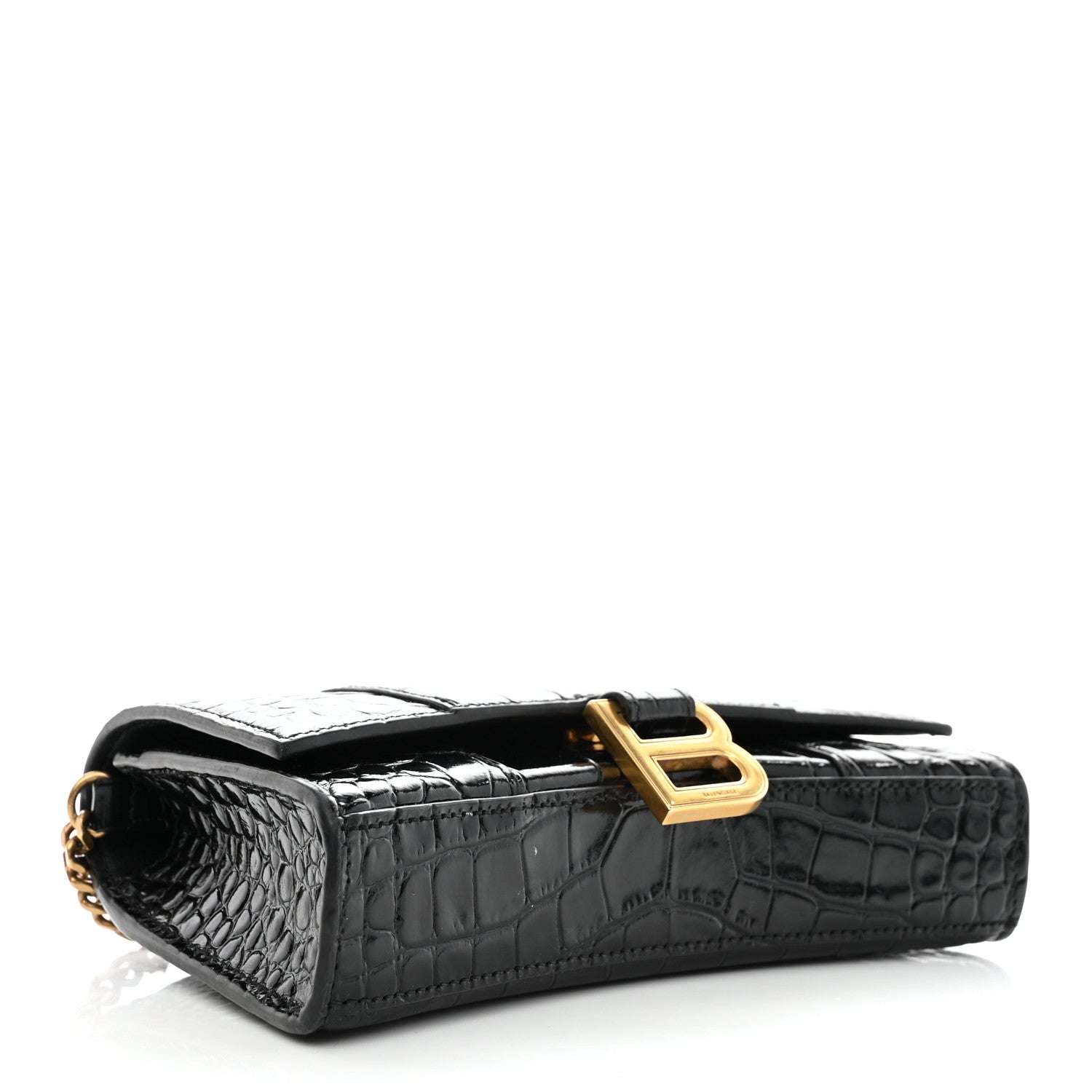 Balenciaga Shiny Calfskin Crocodile Embossed Hourglass Chain Bag Black 3 of 10