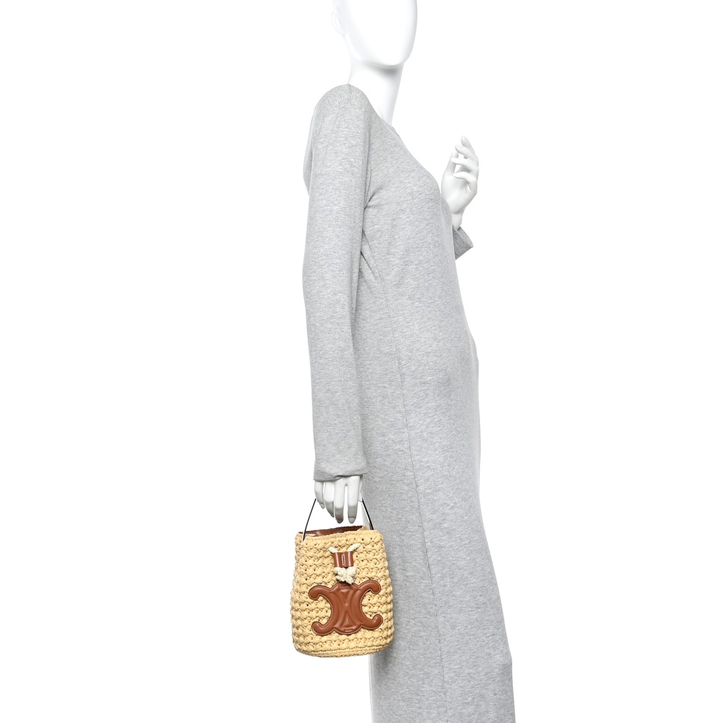 Raffia Calfskin Drawstring Teen Natural Tan