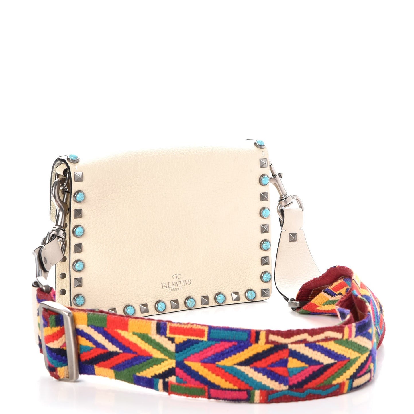 Grained Calfskin Small Guitar Strap Rockstud Rolling Shoulder Flap Bag Light Ivory