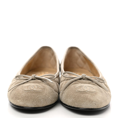 Chanel Suede Calfskin Quilted Cap Toe CC Ballerina Flats 36.5 Dark Beige 2 of 10