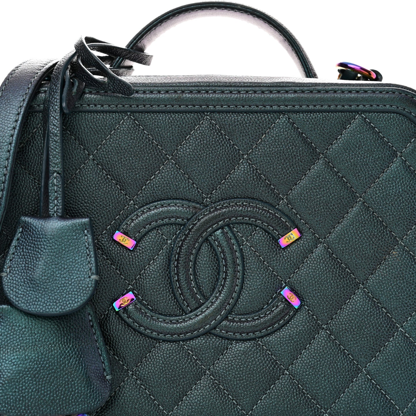 Iridescent Caviar Quilted Medium CC Filigree Vanity Case Dark Turquoise