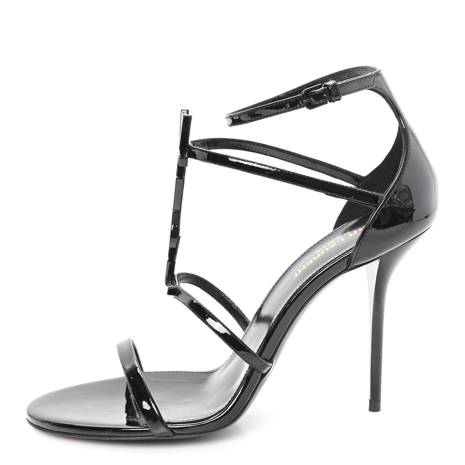 Saint Laurent Patent Cassandra 100 Ankle Strap Sandals 38.5 Black 1 of 10