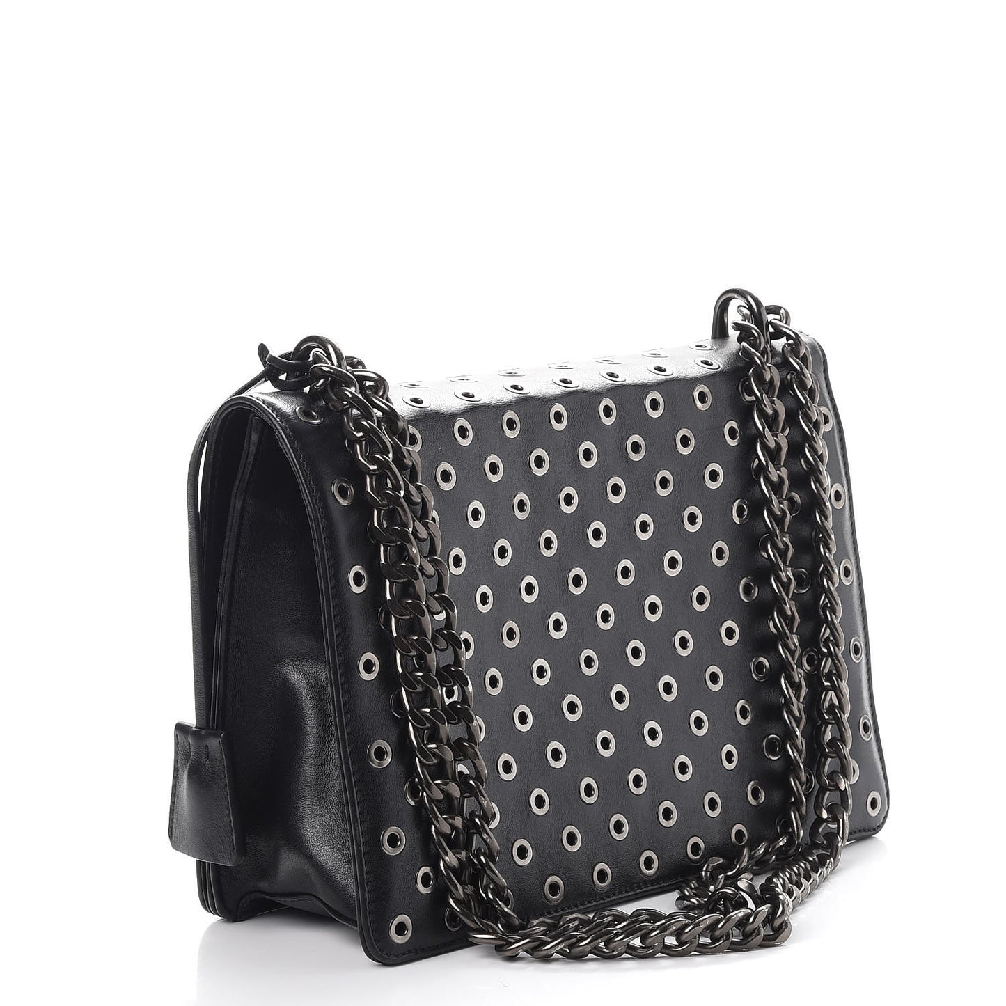 Soft Calf Grommet Lock Flap Chain Shoulder Bag Black