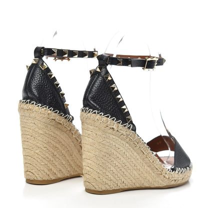 Valentino Garavani Grained Calfskin Rockstud Ankle Strap Espadrille 15/105mm Wedge Sandals 35 Black Light Cuir Natural 4 of 7