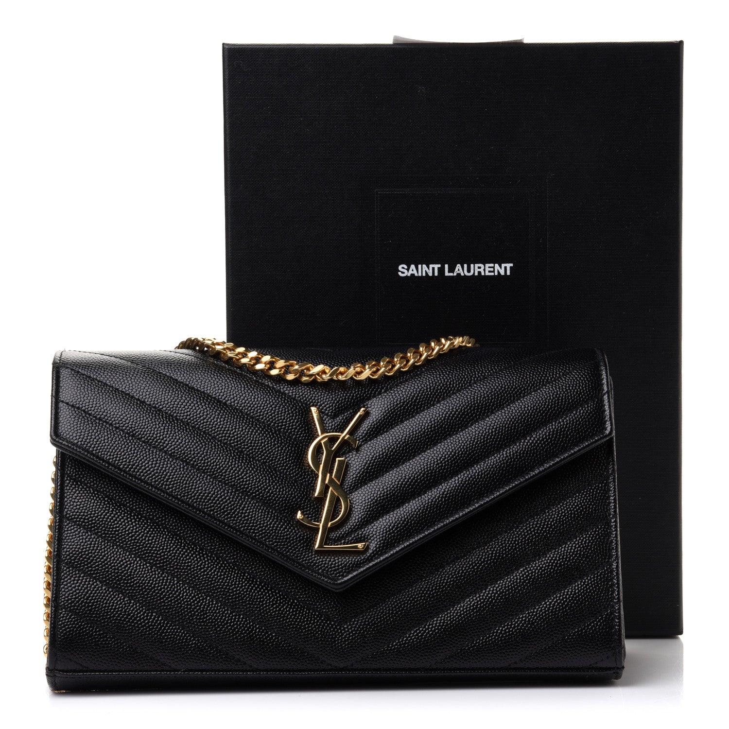 Saint Laurent Grain De Poudre Matelasse Chevron Monogram Chain Wallet Black 10 of 10