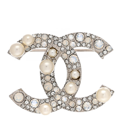 Chanel Pearl Crystal CC Mini Brooch Silver 1 of 5
