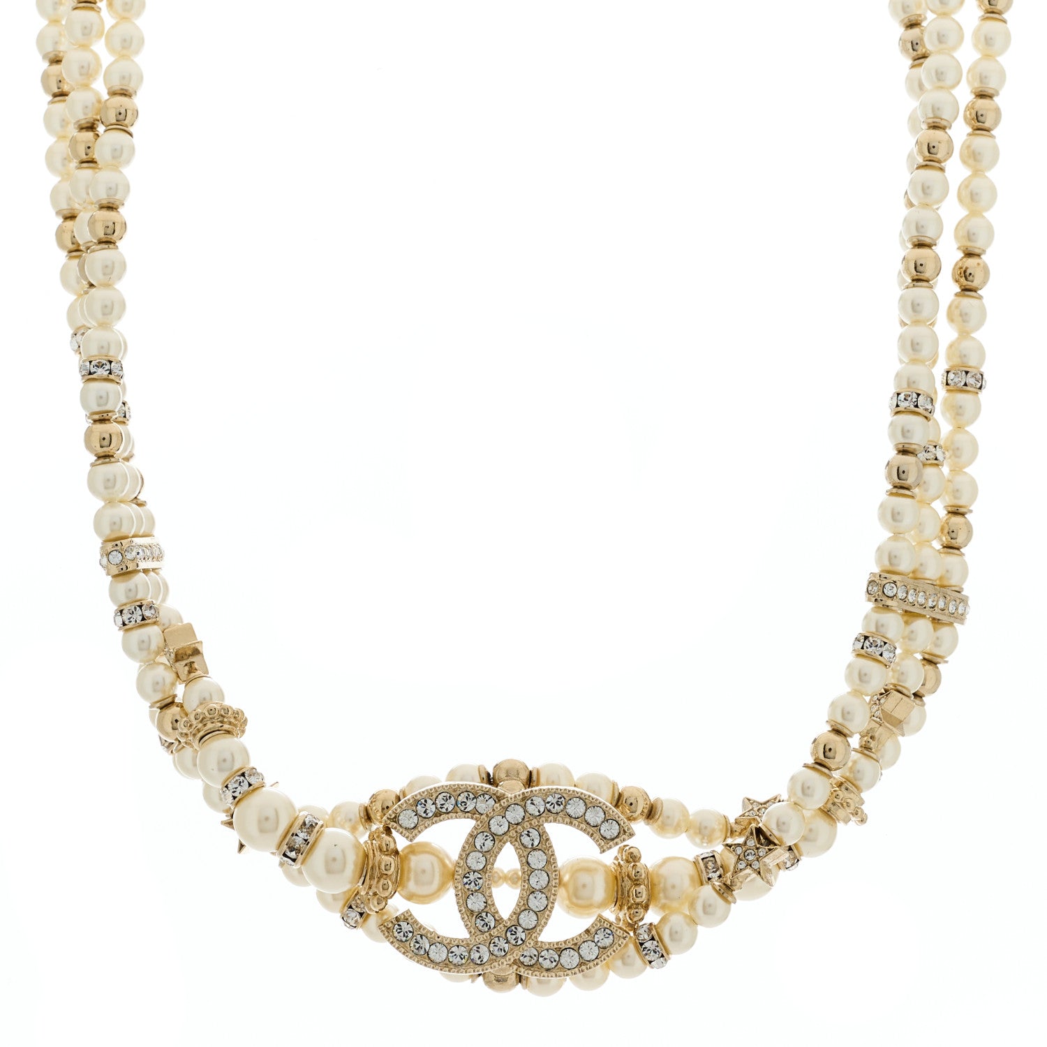 Chanel Pearl Crystal CC Star Choker Necklace Gold 1 of 5