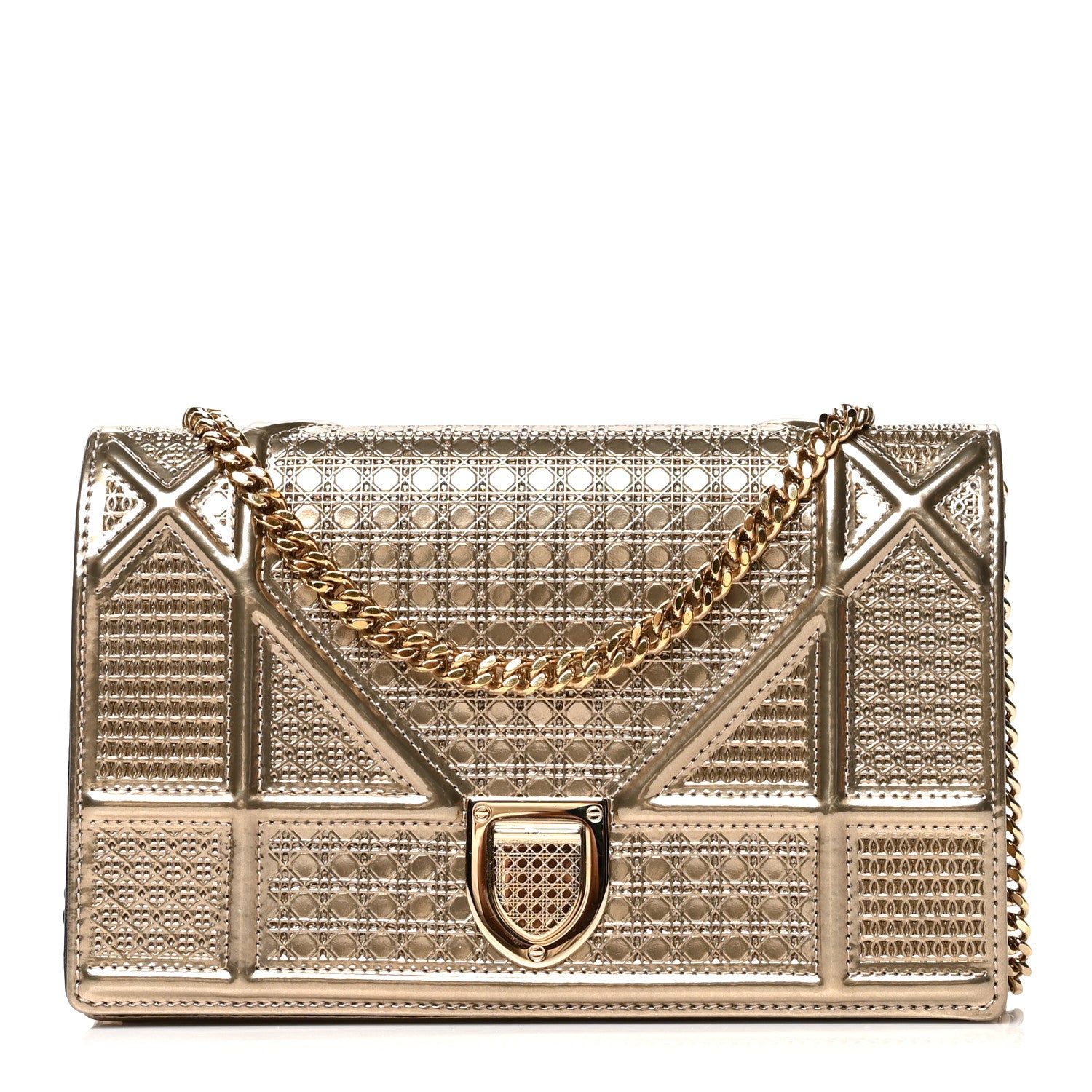 Christian Dior Metallic Patent Micro-Cannage Diorama Wallet on Chain Pouch Gold 1 of 10