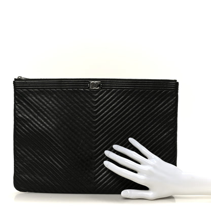 Chanel Lambskin Chevron Large Boy Zip Pouch Black 2 of 8
