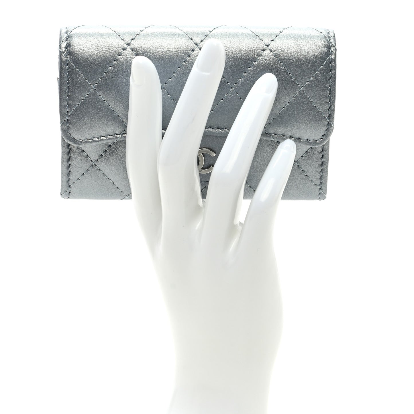 Metallic Lambskin Quilted Flap Card Holder Wallet Silver