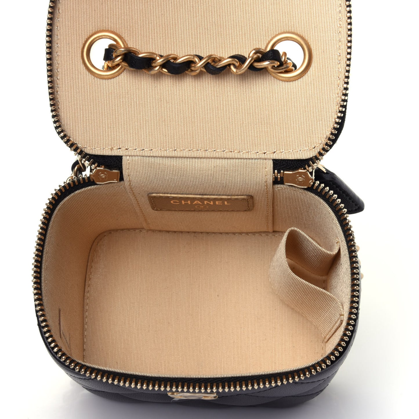 Lambskin Quilted Mini Pearl Crush Vanity Case With Chain Black