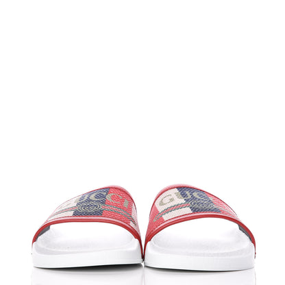 Gucci Canvas Sylvie Stripe Logo Pursuit Slide Sandals 35 Mystic White Hibiscus Red Maritime 1 of 9