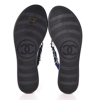 Chanel Suede Calfskin Quilted Chain Thong Sandals 36.5 Navy Blue 5 of 7