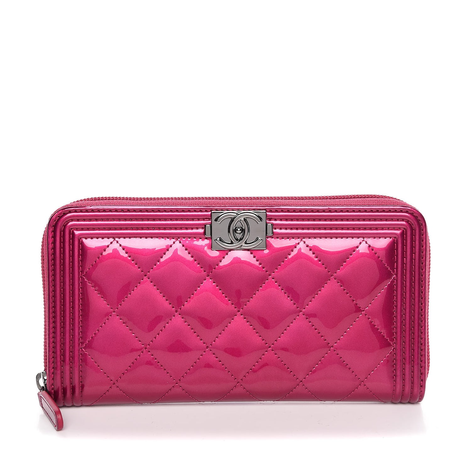 Metallic Patent Calfskin Quilted Boy L-Gusset Zip Wallet Pink