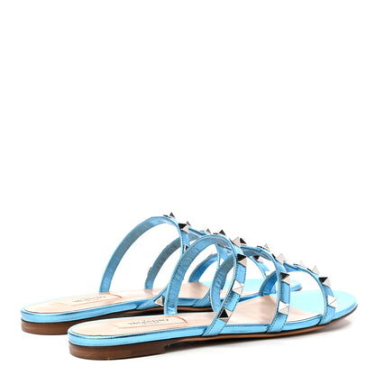 Valentino Garavani Metallic Nappa Rockstud Caged Flat Slide Sandals 36.5 Cerulean 4 of 10