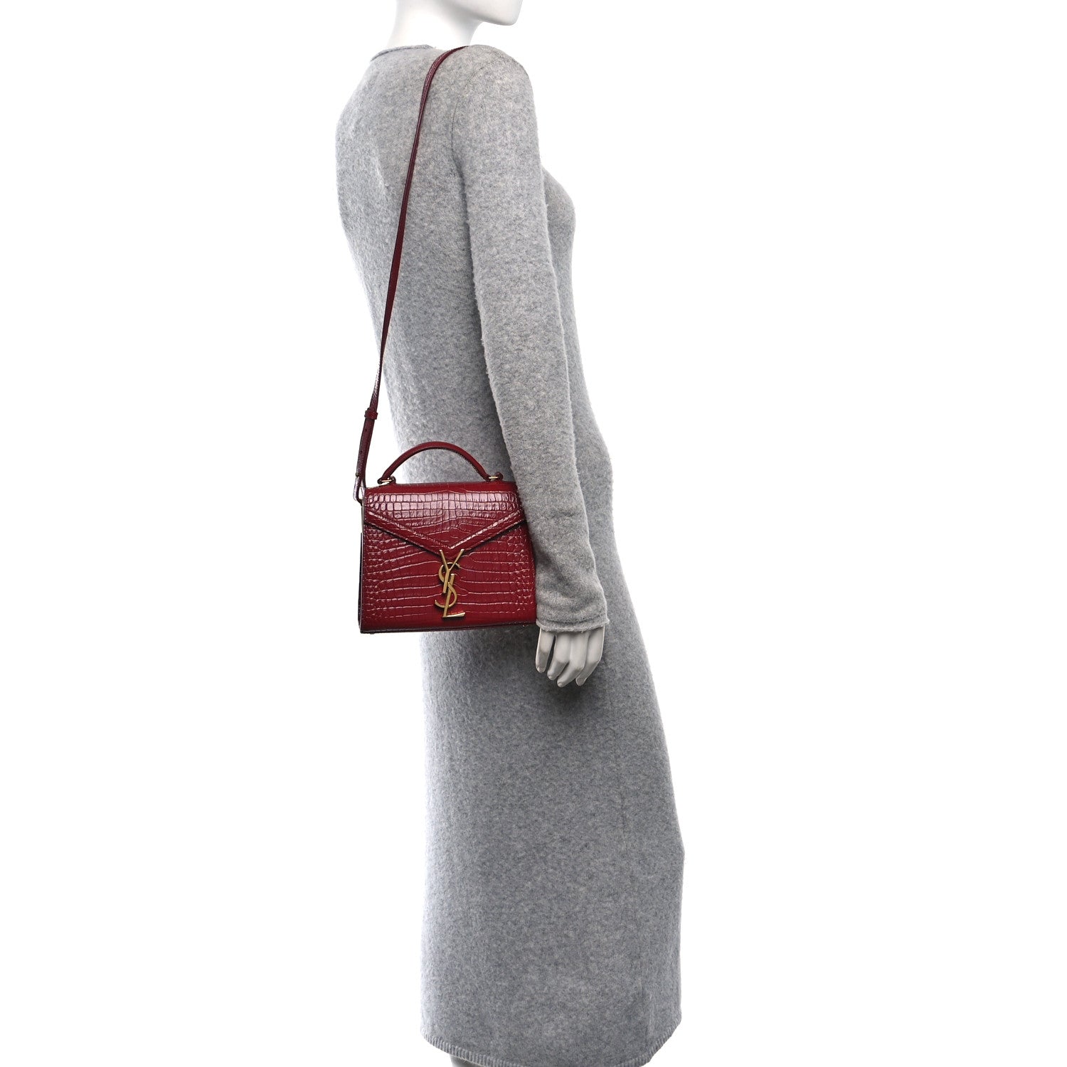 Saint Laurent Calfskin Crocodile Embossed Mini Classic Monogram Cassandra Top Handle Red 2 of 14