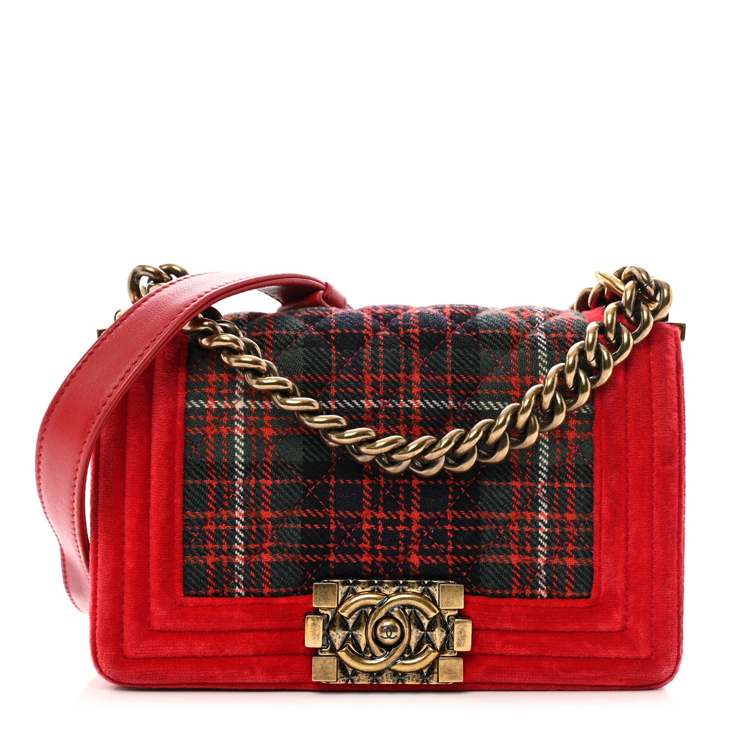 Chanel Velvet Plaid Tartan Small Boy Flap Red 1 of 10