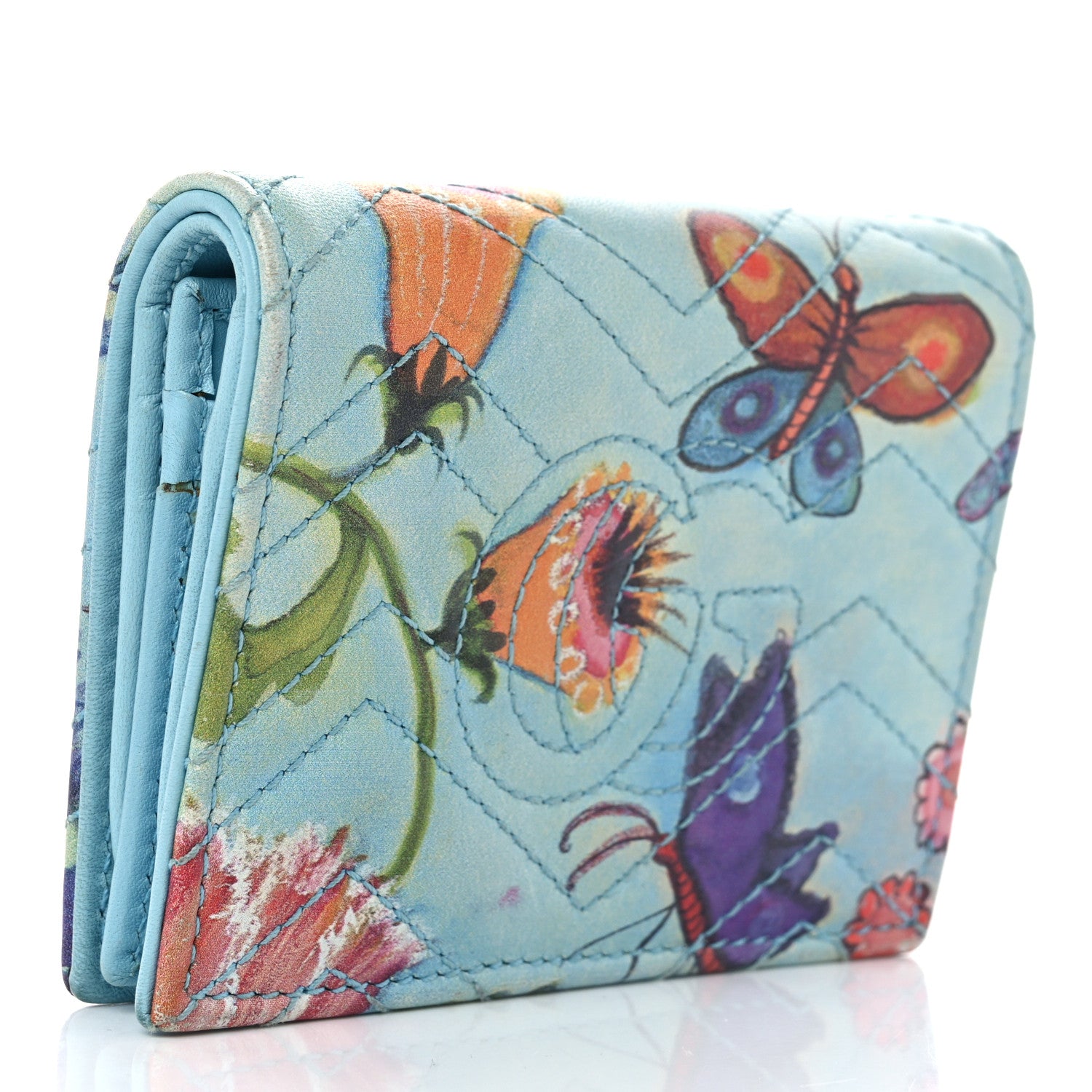 Gucci X UNSKILLED WORKER Calfskin Matelasse Flora Painted GG Marmont Card Case Wallet Cloudy Blue Multicolor 3 of 13