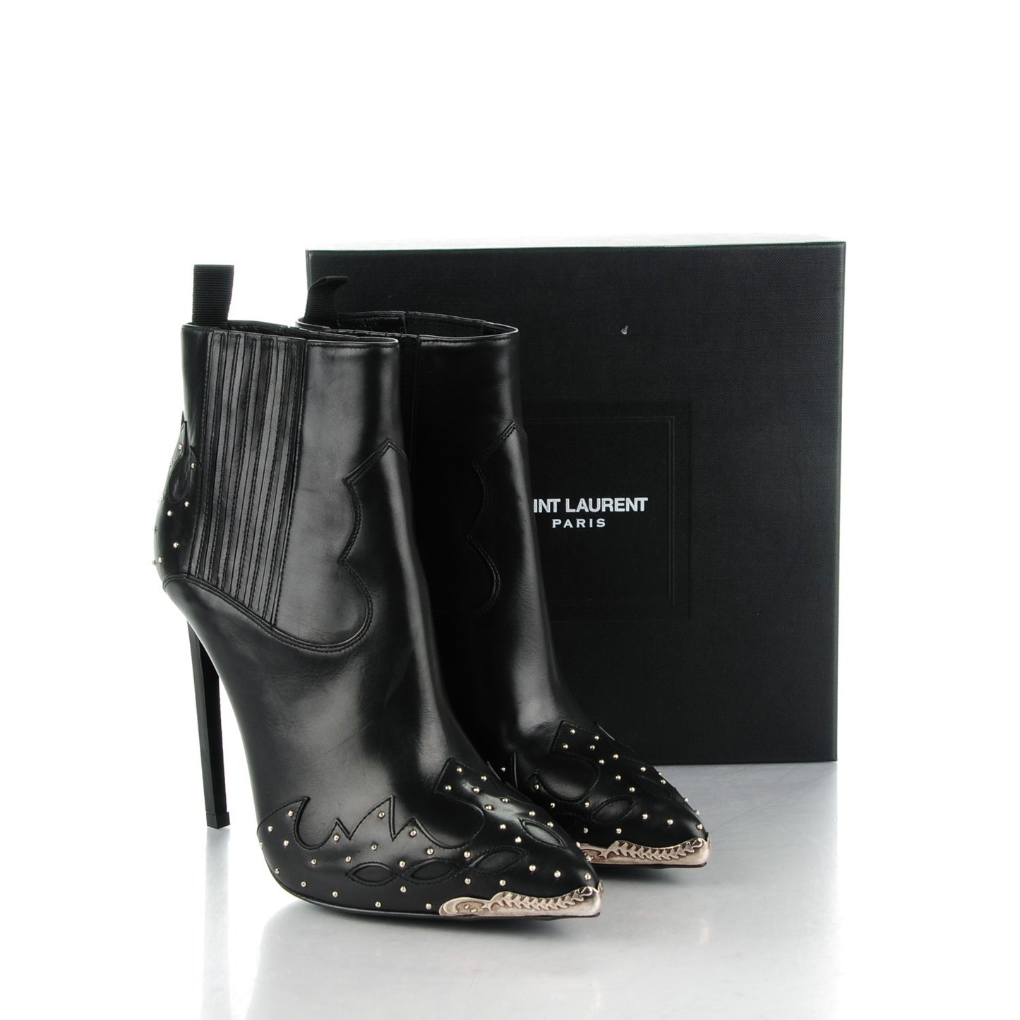Matte Calfskin Studded Western Ankle Boots 38 Black