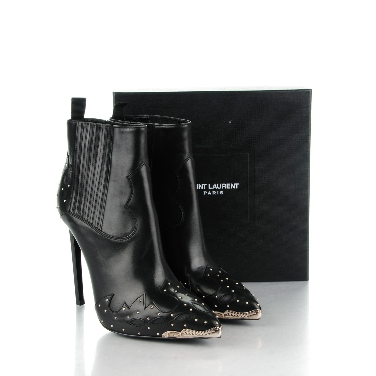 Saint Laurent Matte Calfskin Studded Western Ankle Boots 38 Black 8 of 8
