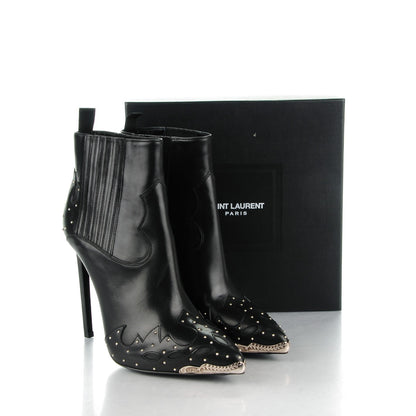 Saint Laurent Matte Calfskin Studded Western Ankle Boots 38 Black 8 of 8