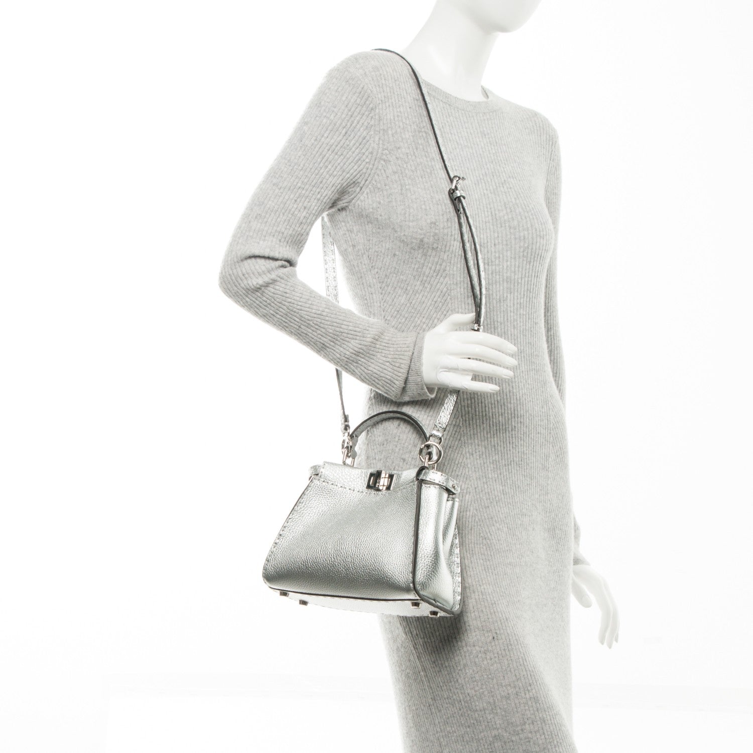 Fendi Cuoio Romano Lux Selleria Mini Peekaboo Iconic Satchel Argento 2 of 8