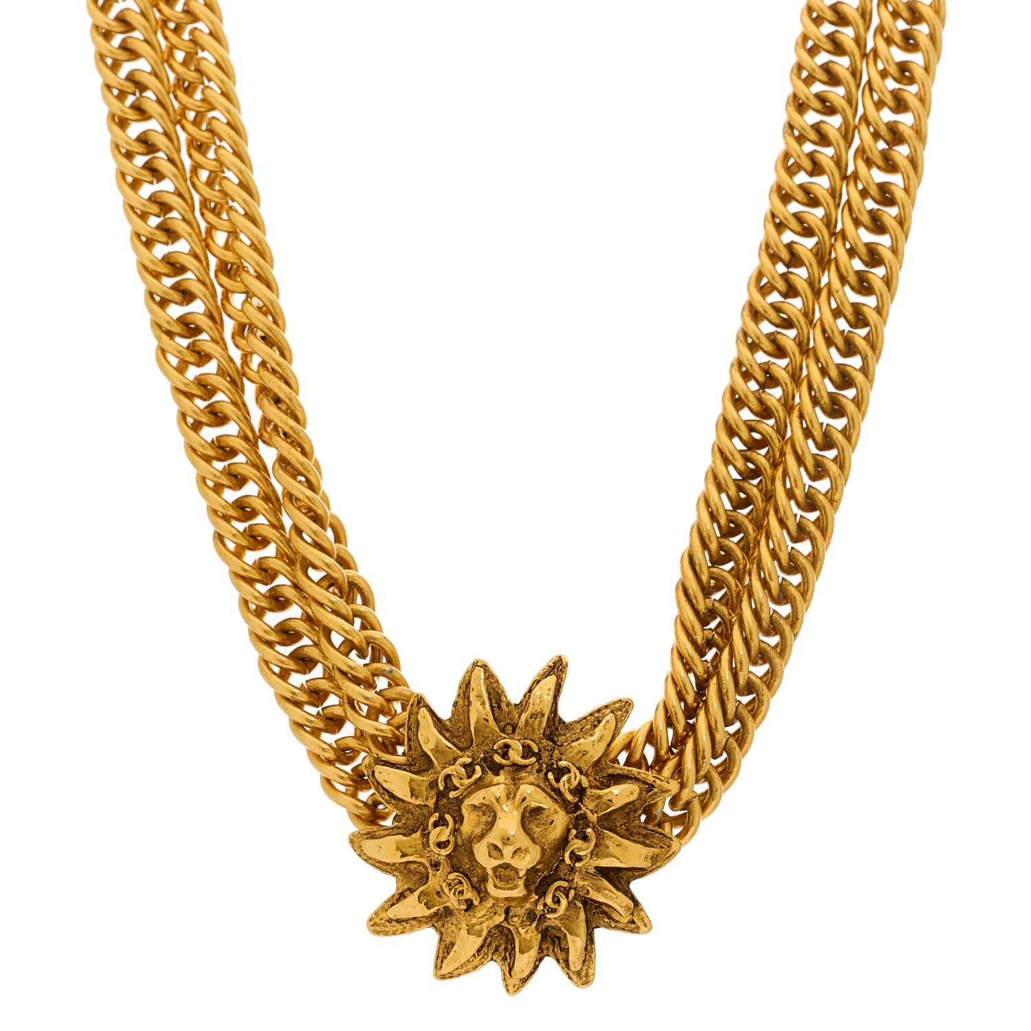 Chanel Multi Strand Chain Leo Lion Sun Medallion Necklace Gold 1 of 5