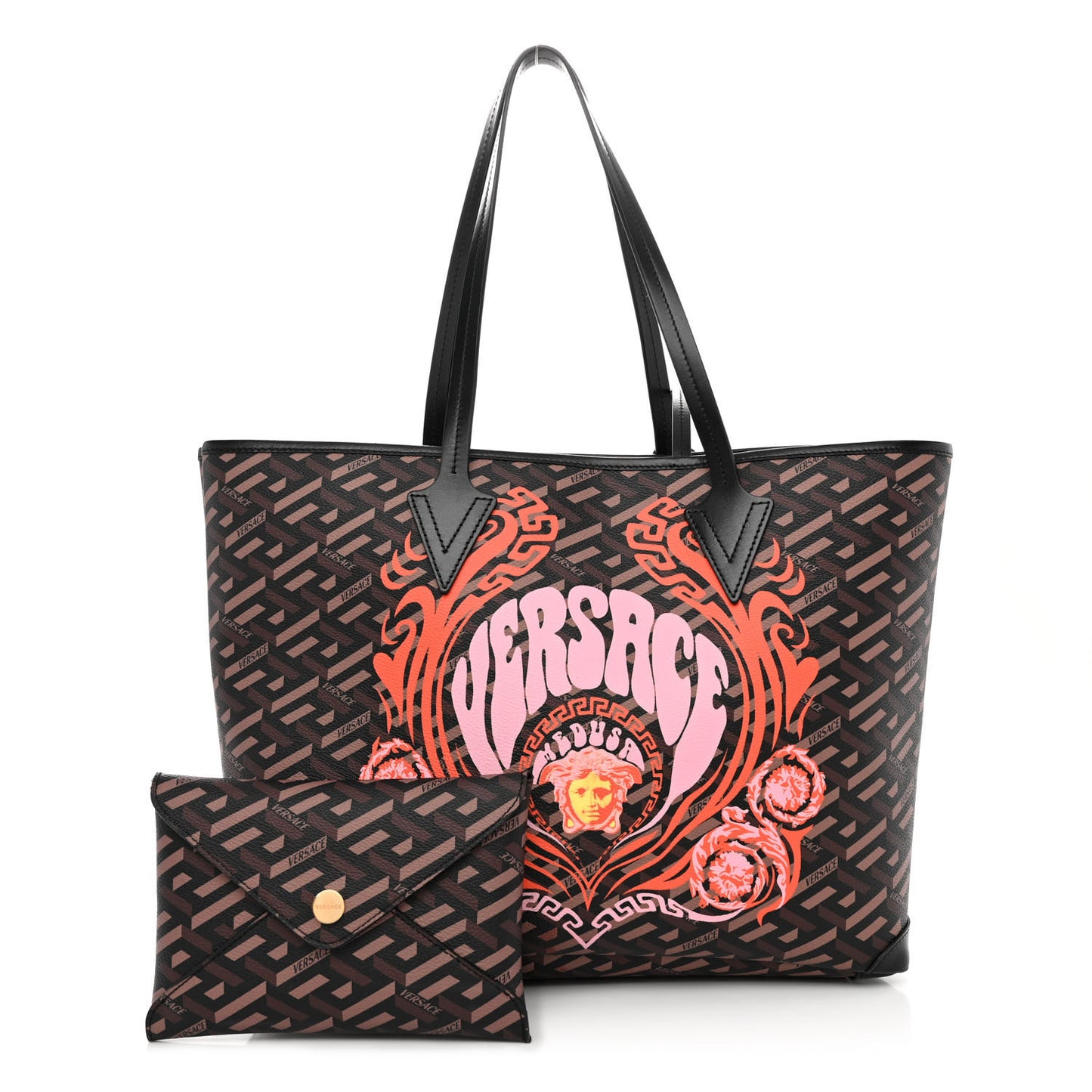 Coated Canvas Calfskin La Greca Medusa Signature Shopper Tote Bag Tan Caramel