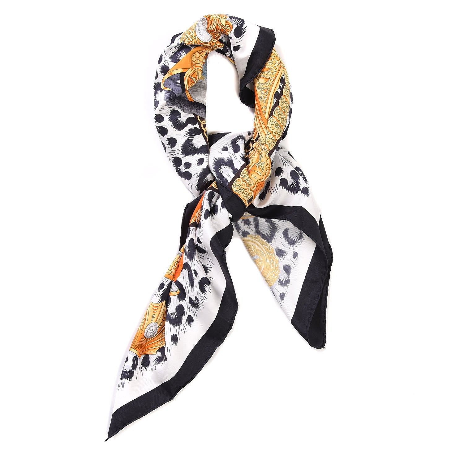 Hermes Silk Casques Et Plumets Scarf 90 Noir Blanc Vieil Or 3 of 6