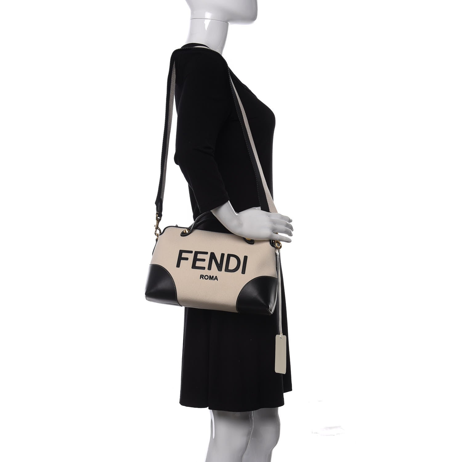 Fendi Canvas Vitello King Logo Embroidered Medium By The Way Boston Bag Grezzo Black 2 of 9