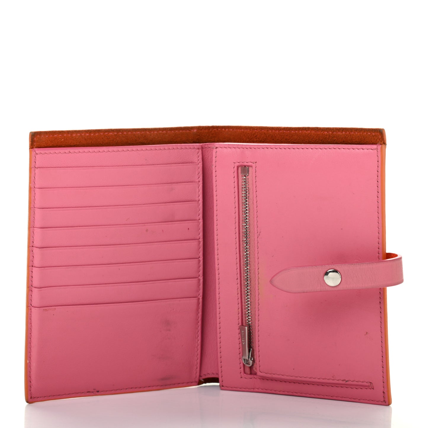 Grained Calfskin Medium Multifunction Strap Wallet Orange Flamingo
