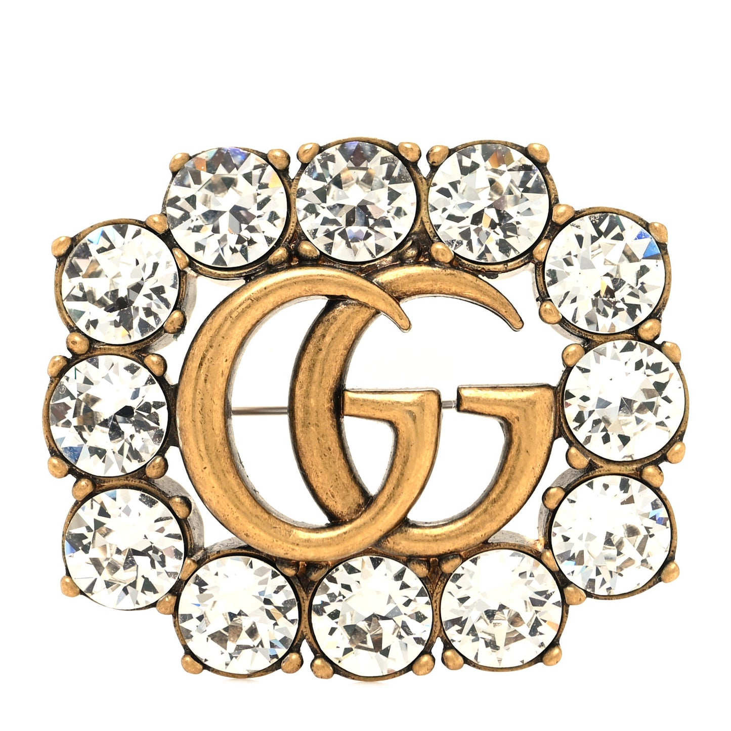 Metal Crystal Double G Brooch Aged Gold