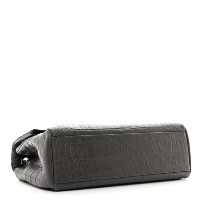 Saint Laurent Calfskin Crocodile Embossed Medium West Hollywood Monogram Fold-Over Grey 4 of 9