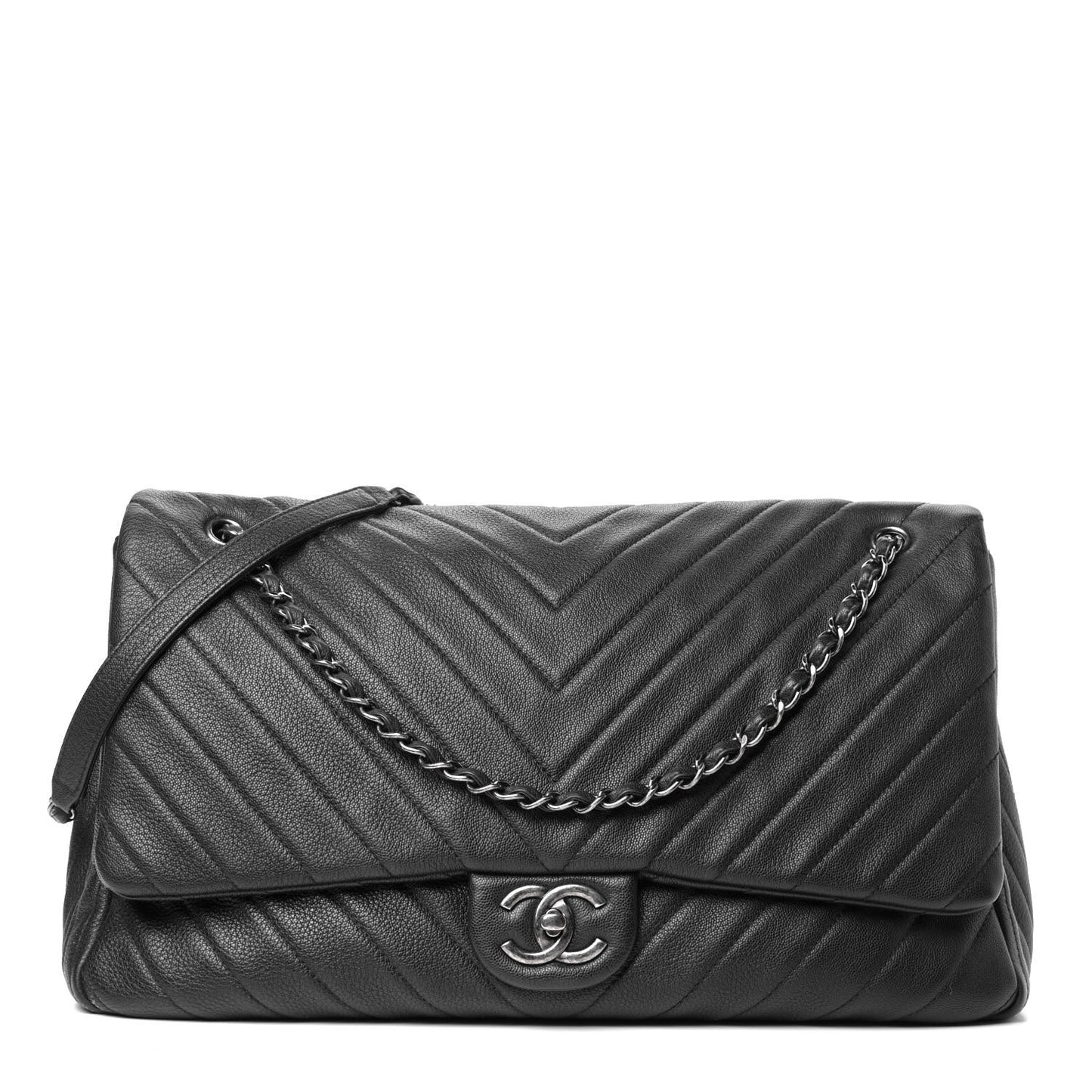 Calfskin Chevron Quilted XXL Travel Flap Bag Black