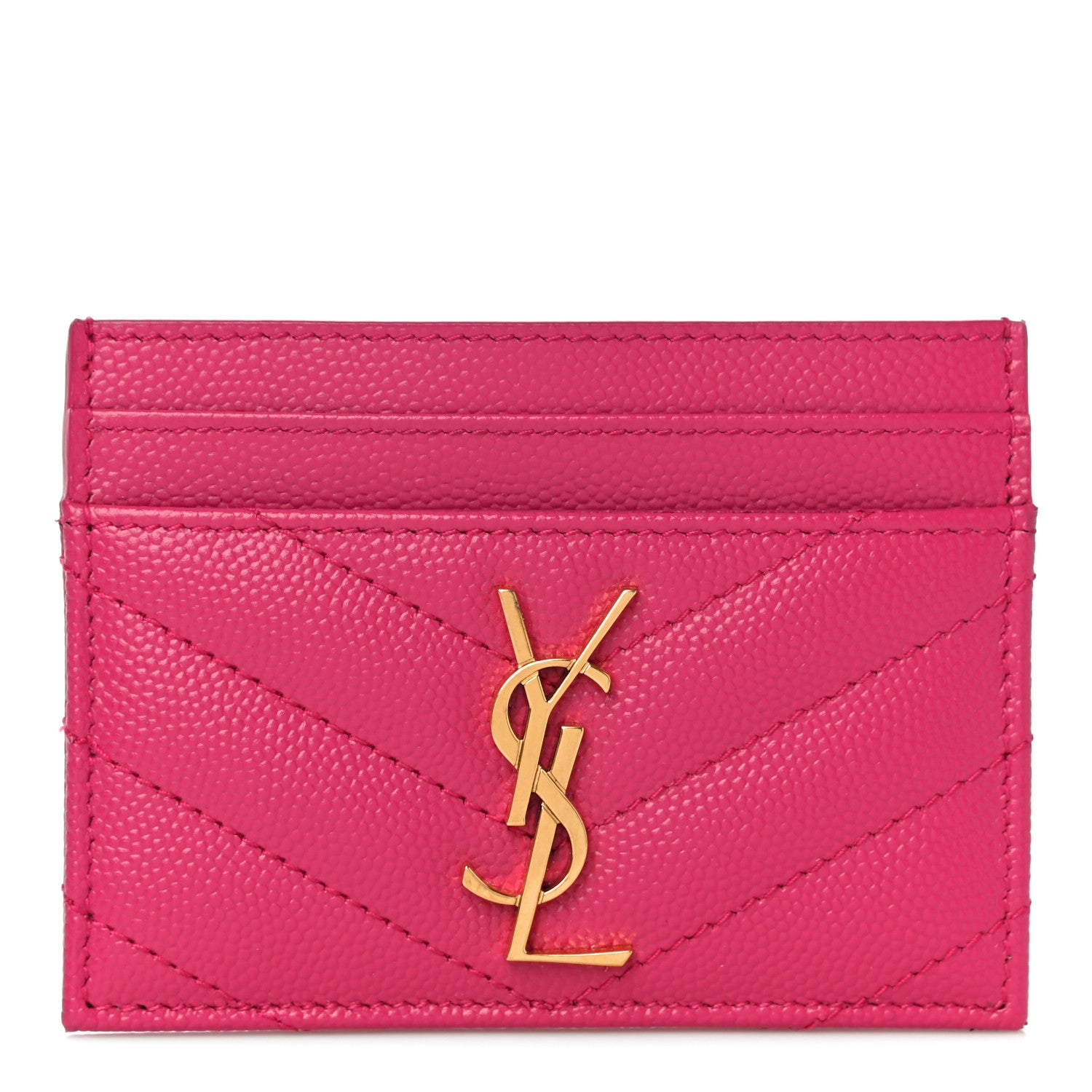 Saint Laurent Grain De Poudre Matelasse Chevron Monogram Credit Card Case Fresh Fuxia 1 of 11