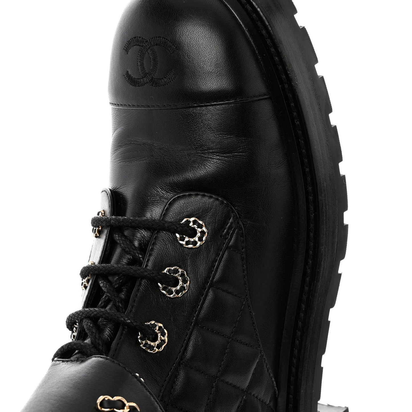 Shiny Calfskin Quilted Lace Up Combat Boots 41 Black