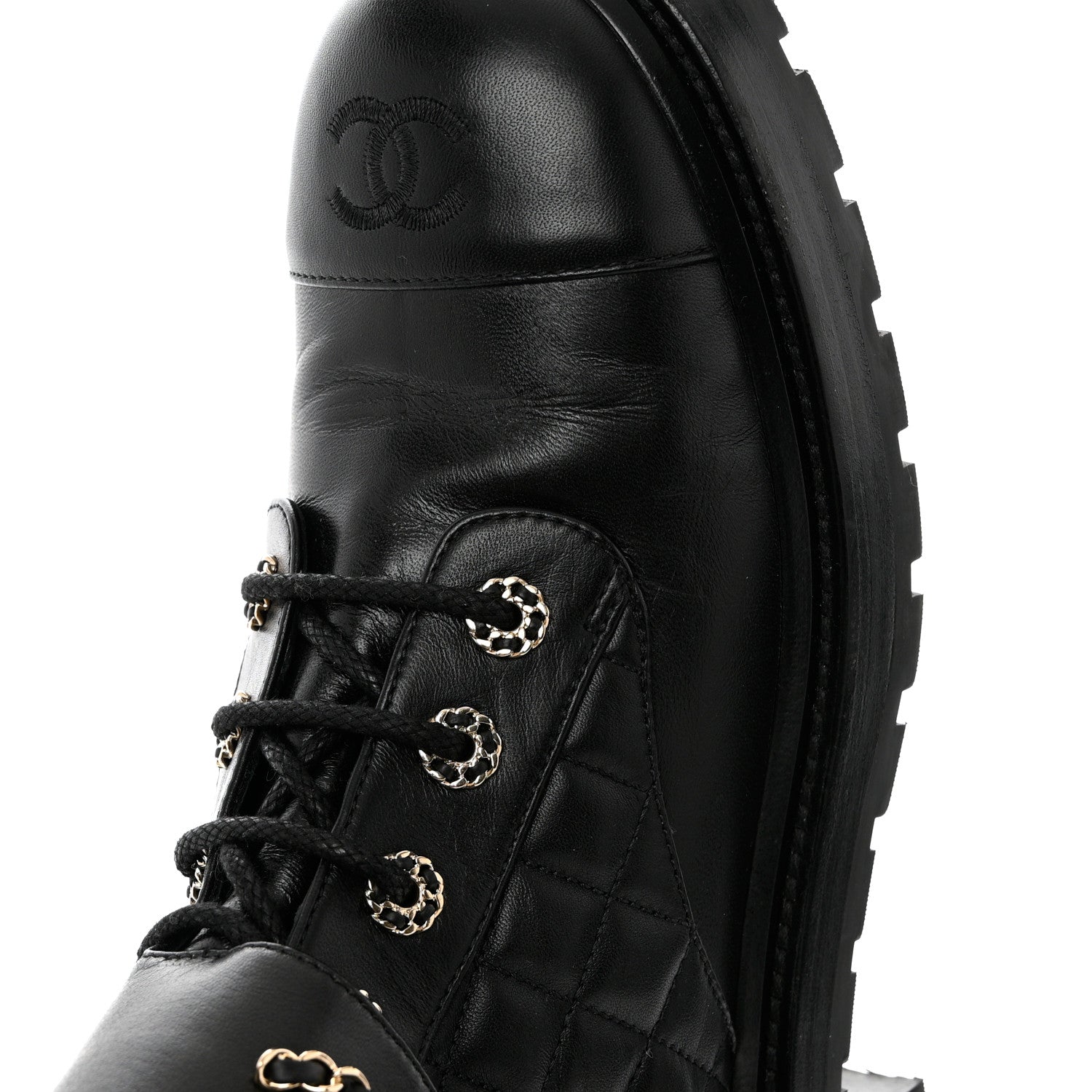 Chanel Shiny Calfskin Quilted Lace Up Combat Boots 41 Black 8 of 9