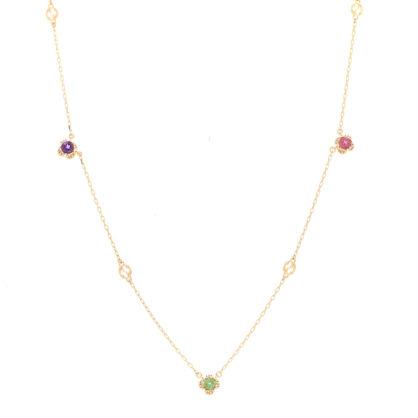 18K Yellow Gold Green Beryl Amethyst Pink Tourmaline Citrine GG Station Rainbow Gemstone Necklace