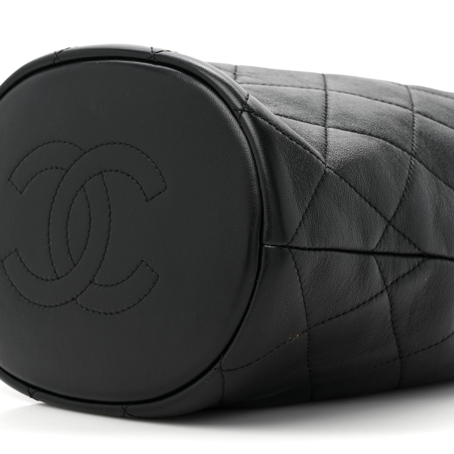 Shiny Lambskin Quilted Chain Is More Drawstring Bag Black