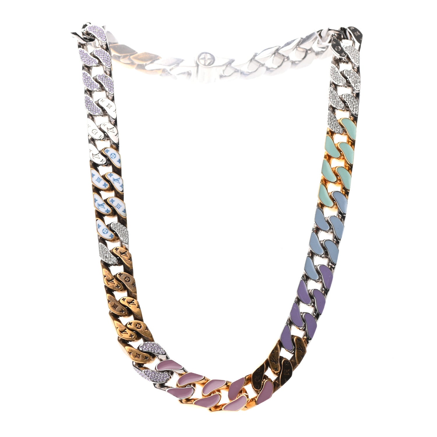 Louis Vuitton Metal Enamel Crystal Soapy Chain Necklace Silver Gold 2 of 4
