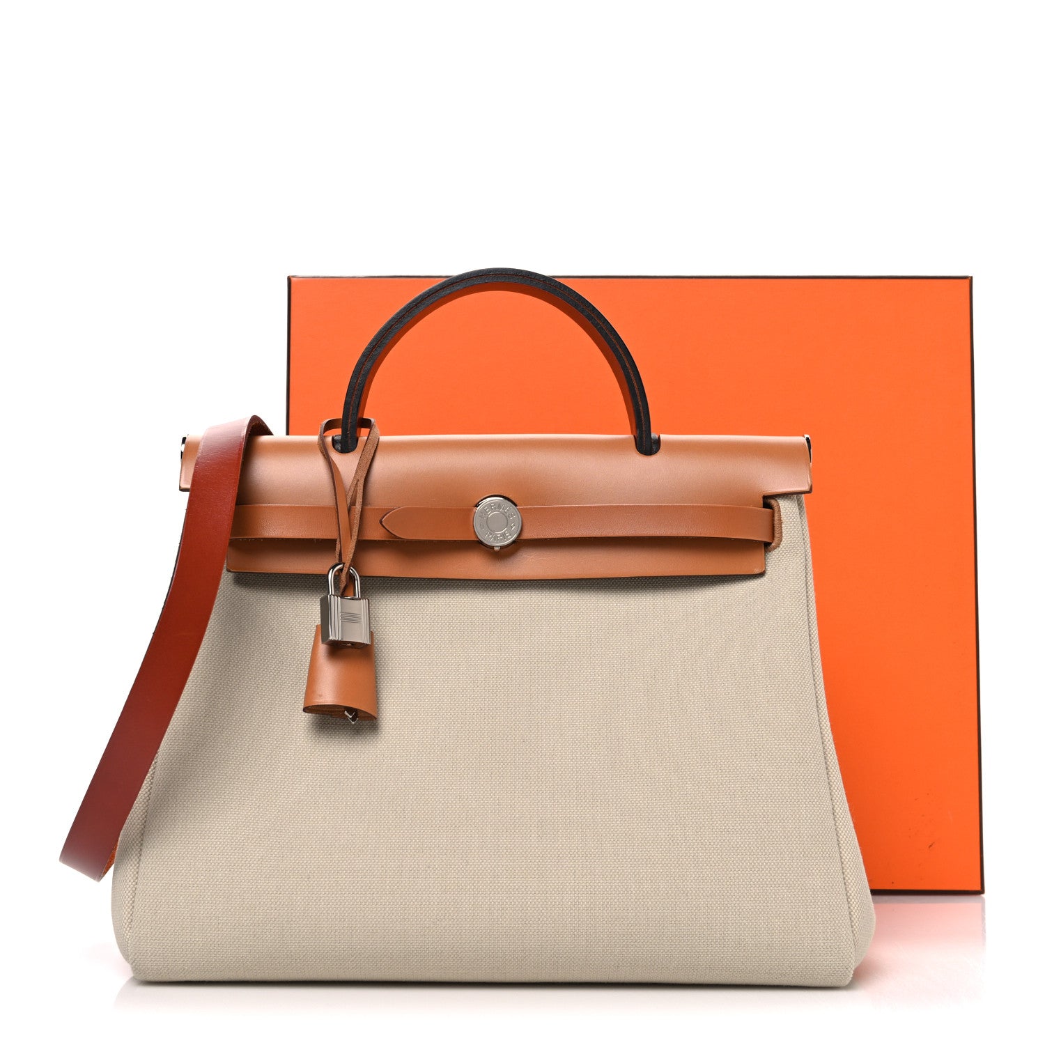 Hermes Military Toile Vache Hunter Herbag Zip Retourne 31 PM Beton Naturel Fauve Cuivre 12 of 12